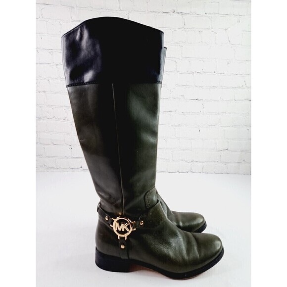 Michael Kors Fulton Harness Riding Boots Green Leather Logo Knee-High Size 7M - Picture 1 of 6